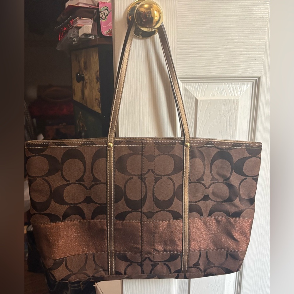 Coach Signature Vintage Brown Patterned Tote Bag